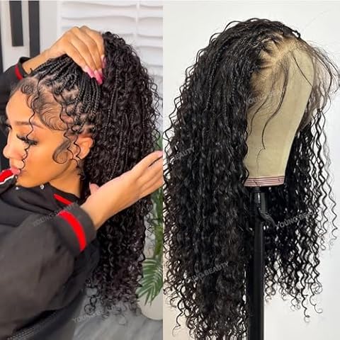 YOUNG BEAUTY Human Hair Braided Wigs Knotless Full Lace Braid Wig Preplucked with baby hair Boho Box Braided Wigs 22inch 300Density Natural Color Cover