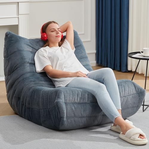 Image of Hobestluk Adults Bean Bag Chair Faux Fur BeanBag Couch for Living Room | Bluegrey Plush,Ergonomic Design,Memory Foam,UltraSoft,Anti-slip Bottom,No Assembly Required,Decorative Style for Living Room