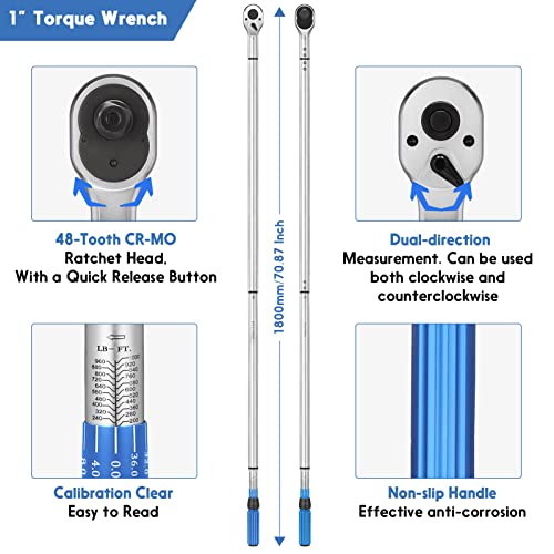 Image of BULLTOOLS 1-Inch Drive Click Torque Wrench, Dual-Scale Adjustable Torque Wrench Set with a Hex Key 200-1000ft.lb / 271-1356.7Nm