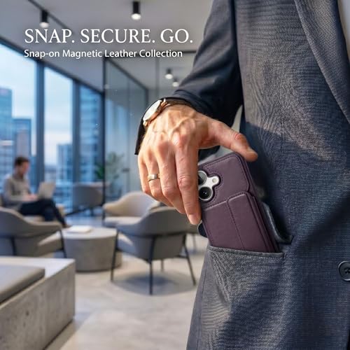 Image of amazon basics Luxury Vegan Leather Back Cover for iPhone 16 | Built-in Card Holder Slot | Integrated Mobile Stand | Slim Shockproof Protective Case with Stitched Finish - Purple