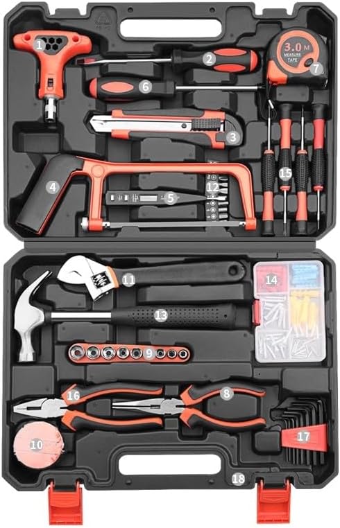 12 Piece Household Tool Set with Plastic Blow Molded Case, Most Reached Hand Tools for Home/Office/Garage Repair, Incl. Pliers/Adjustable Wrench/Screwdriver/Claw Hammer/Hack Saw/Tape Measure