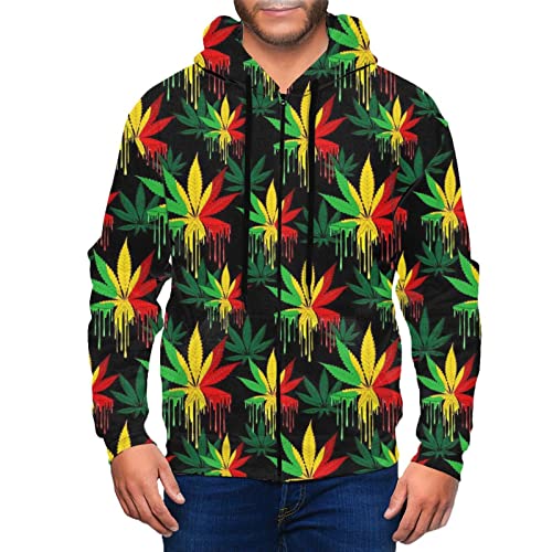 YAZXHJAZ Mens Zipper Hoodies Jacket Sweatshirts with Pockets - Reggae Rasta Leaf Weed