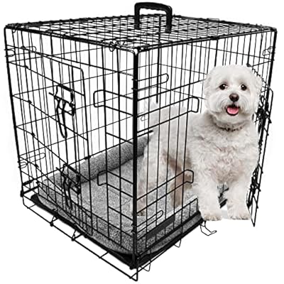 Dog Crate, Dog Cage, Foldable Puppy Crates with Bed, Non-Chew Plastic Removable Tray, Folding 2 Door Crate, Small Size 24-inch (61cm) Black