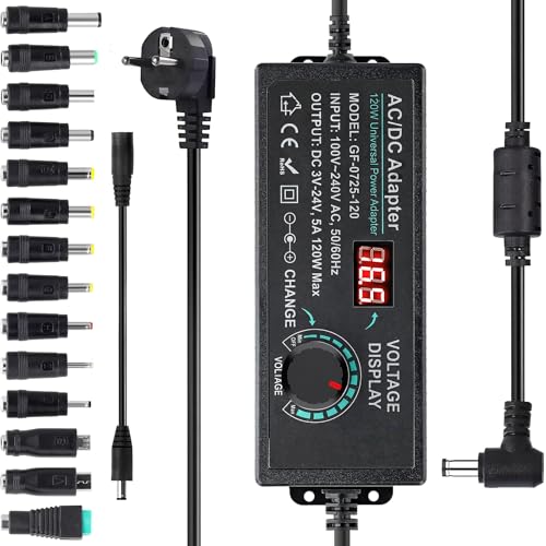 Adaptateur Alimentation Réglable 3V~24V 120W 5A Alimentation Universelle avec Affichage Numérique AC à DC pour Appareils électroménagers Bande Lumineuse LED Caméra Carnet de Notes Routeur