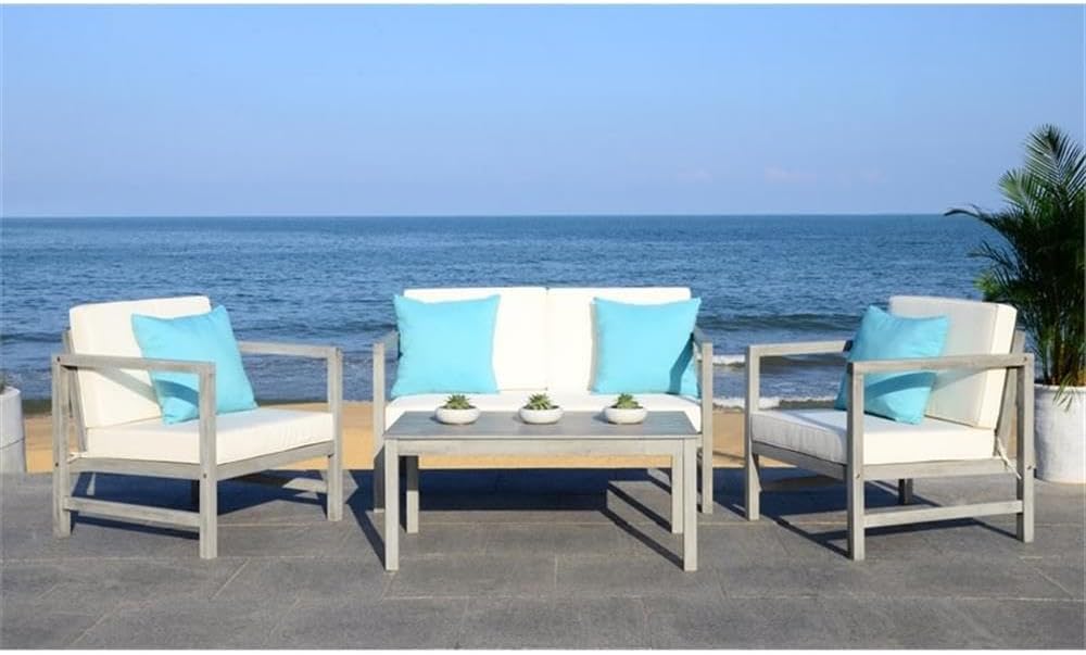 SAFAVIEH Outdoor Collection Montez Grey Wash/ White Cushions/ Light Blue 4-Piece Conversation Patio Set