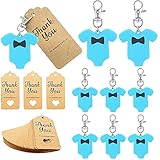 20 Sets Baby Shower Return Gifts for Guests, Blue Jumpsuits Keychains + Thank You Kraft Tags for Baby Shower Jumpsuits Theme Party Favors, Goodie Bag Decor for Boy Birthday Party Supplies