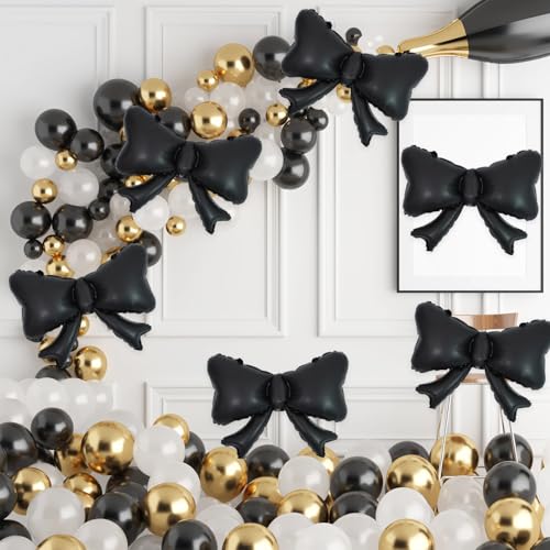 Image of 6 Pieces Bow Balloons, Black Matte Metallic Foil Bow Balloon for Men Women Boys Girls Bowtie Theme Birthday Party, Wedding Bridal Shower, Black Party Decorations, Balloon Garland Accessories