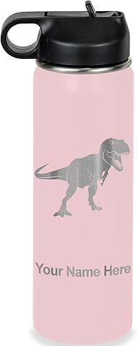 Vista 110 de LaserGram Botella de agua personalizada, dinosaurio tiranosaurio Rex, acero inoxidable de doble pared aislada al vacío con popote superior, regalo