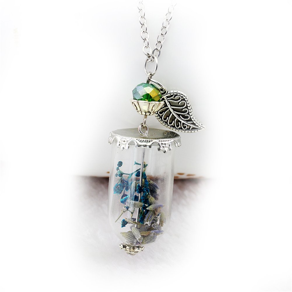 Floral Wish Bottle Pendant Necklace 20"+1.5" Extender (Blue)