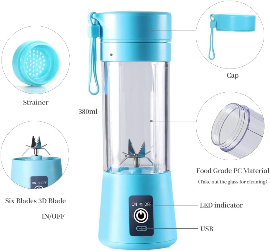 Image of Portable Electric Blender | USB Rechargeable Smoothie Maker | Mini Personal Juicer with 6 Blades | Fruit Mixer for Juices & Shakes | Auto-Stop After 40s