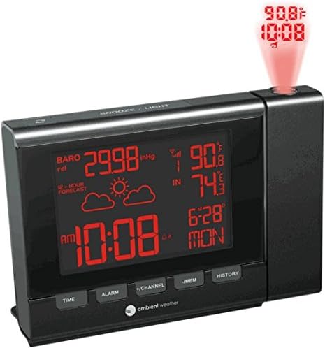 Ambient Weather RC-8401 Projection Clock with Forecast, Barometer, Atomic Clock and Indoor/Outdoor Temperature Color Changing Display