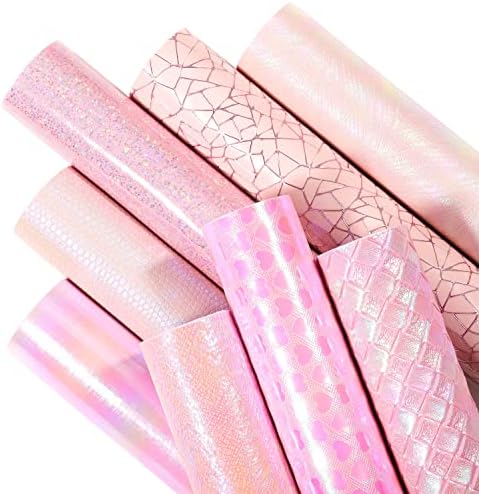 LOTOFUN Holographic Faux Leather Sheets: 8pcs Assorted A4 21x30cm Iridescent Synthetic PU Leather Bundle Mixed Pink Color Embossed Texture Series for Bows Earrings Making DIY Crafts