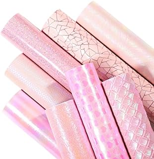 LOTOFUN Holographic Faux Leather Sheets: 8pcs Assorted A4 21x30cm Iridescent Synthetic PU Leather Bundle Mixed Pink Color Embossed Texture Series for Bows Earrings Making DIY Crafts