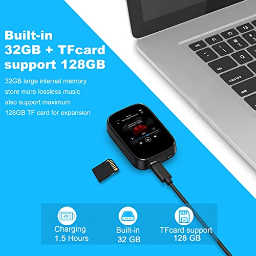32GB Mp3 Player with Bluetooth Sports Clip-on Music Player Support FM Radio Voice Record E-Book Calendar Alarm SupportMicros SD Card Up to 512GB