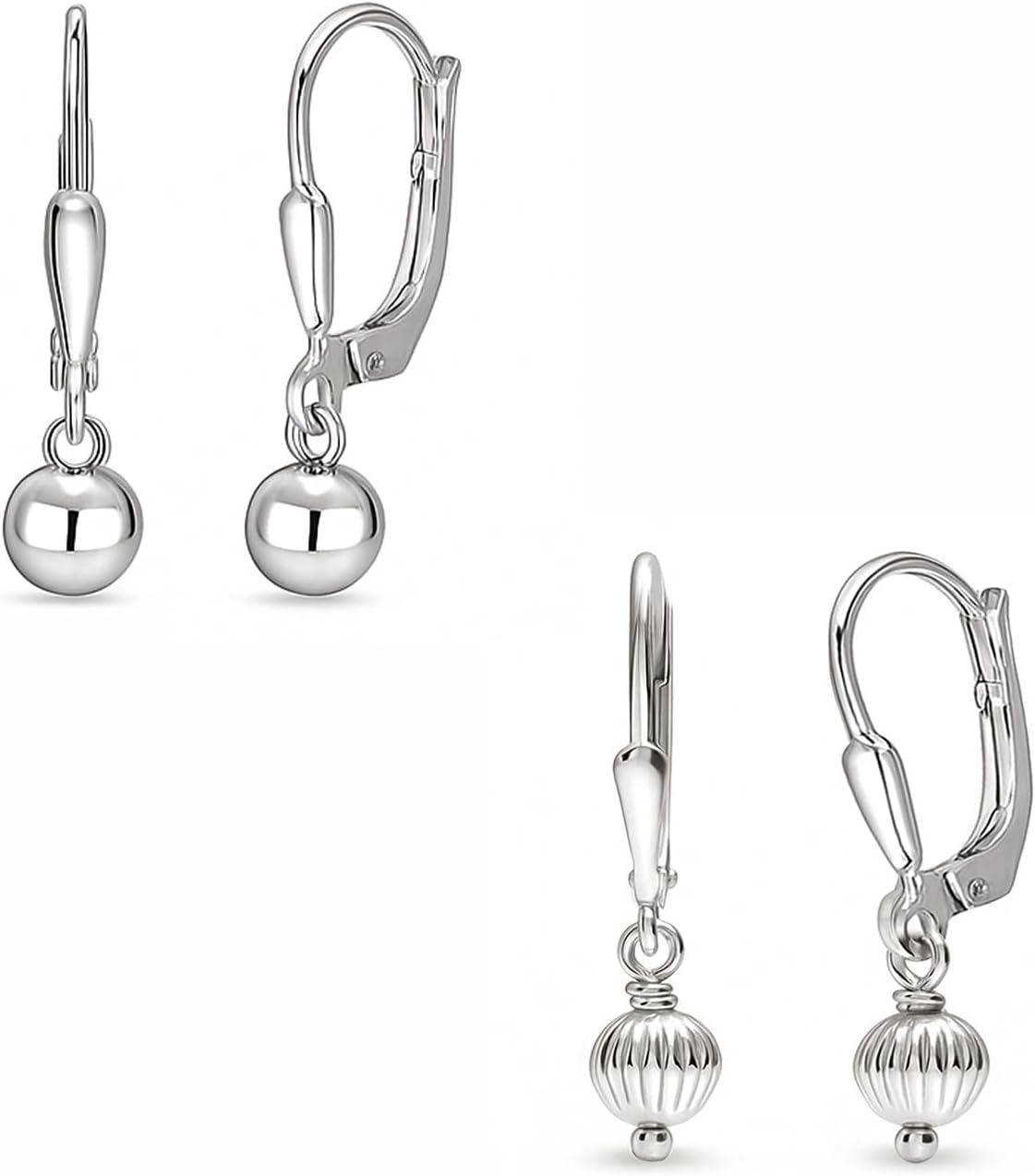 Charmsy 925 Sterling Silver Leverback Earrings for Women | Classic Bead Ball, Hammered Mirror Ball & Pearl Drop Dangle Earrings