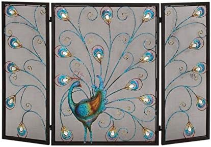 Deco 79 Metal Peacock Foldable Mesh Netting 3 Panel Fireplace Screen with Crystal Accents, 48" x 1" x 32", Black