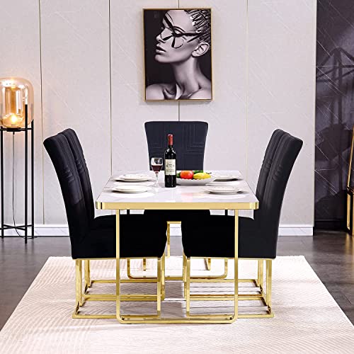 Azhome Dining Chairs, Black Velvet Upholstered Chairs With Geometric Texture High Back And Polished Gold Legs, Set Of 2 #TOP6