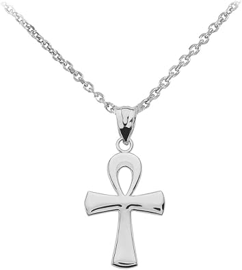 Polished 10k White Gold Egyptian Ankh Cross Charm Pendant Necklace