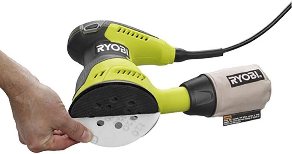 Ryobi RS290G 2.6 Amp 12,500 OPM Single Speed 5 Inch Hook and Loop Corded Random Orbit Sander w/ 3 Pads and Dust Bag