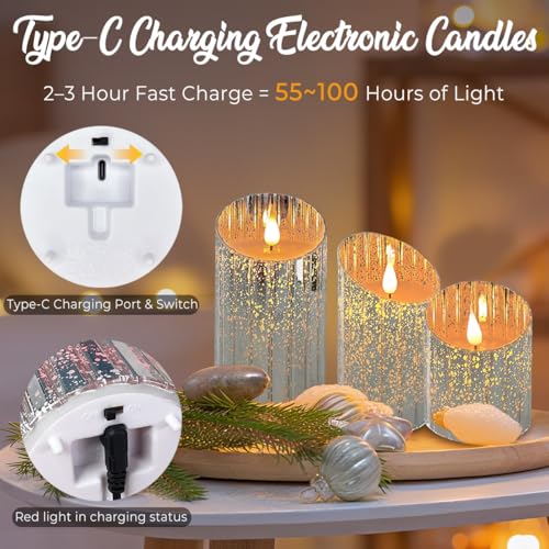Image of LEDHOLYT Rechargeable Flameless Candle, Flickering LED Pillar Glass Fake Candle with Remote and Timer, Built-in Battery Real Wax Electronic Candle for Room Decoration, Set of 3