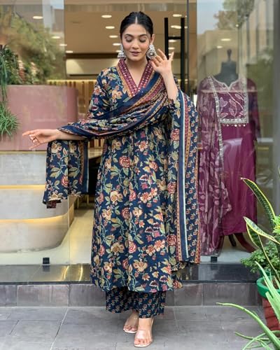 Image of GoSriKi Women's Rayon Viscose Anarkali Printed Kurta with Palazzo & Dupatta