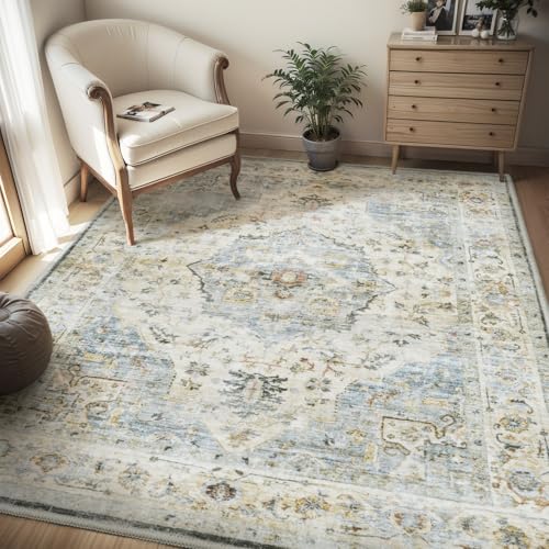 AMOAMI-4X6 Area Rugs for Living Room -Soft Vintage Bedroom Rugs-Non Slip Washable Rug-Throw for Living Room Bedroom Bedside Dining Room Office Aqua Aqua 4' x 6' (Rectangular)
