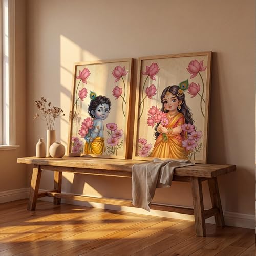 Image of Suneree Radha Krishna Painting with Lotus Flowers | Set of 2 Framed Wall Art Paintings | Traditional Indian Decor for Living Room Bedroom Pooja Room | (ART 5, 10x13 INCHES)