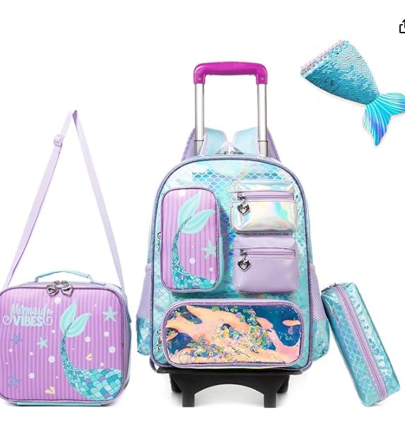 Inprof Mermaid Rolling Backpack for Girls with Wheels, Lunch Box Set, Kids Suitcase, 20L, Blue