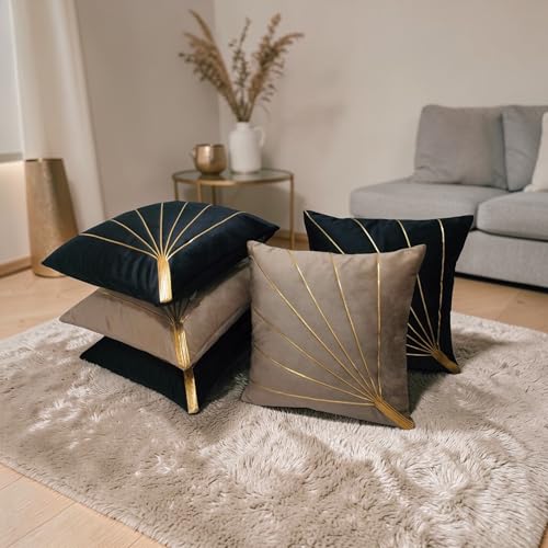 Image of Home Velvet Cushion Cover with Golden Stripes, Aqua Pack of 5, 16x16 to 26x26 Inch (Mouse /Black, 22x22in)