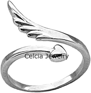 Pure 925 Sterling Silver Angels Wing Ring, Heart Ring, Adjustable Ring, Delicate Ring, Religious Ring, Boho Bohemian Ring, Minimalist Ring, Mothers Day Ring