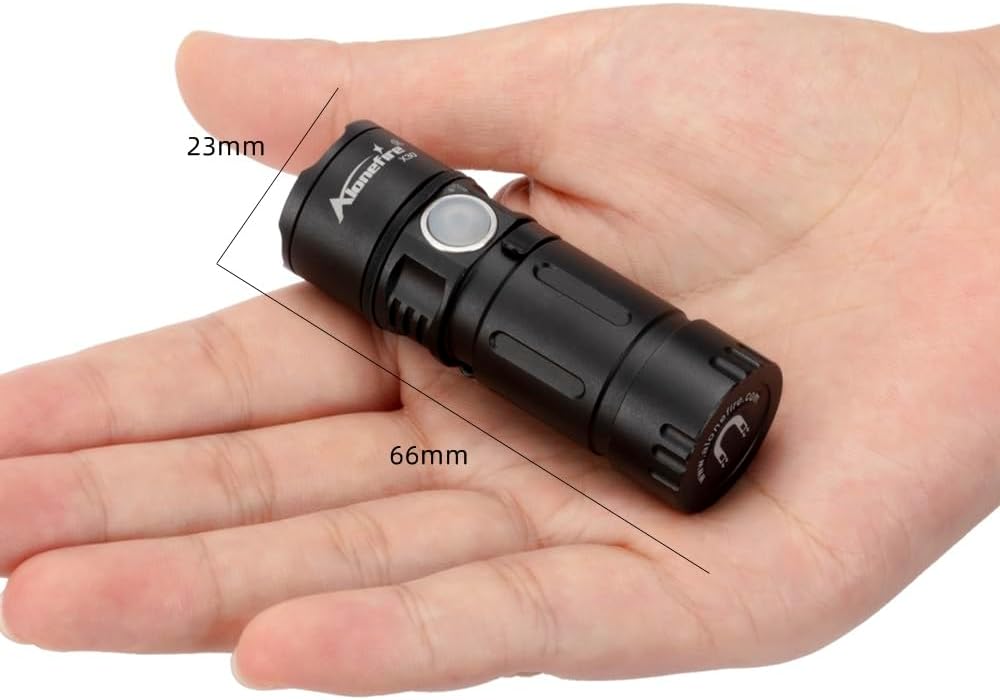 ALONEFIRE X30 Mini LED Flashlight held in hand, showing dimensions of 66mm length and 23mm diameter