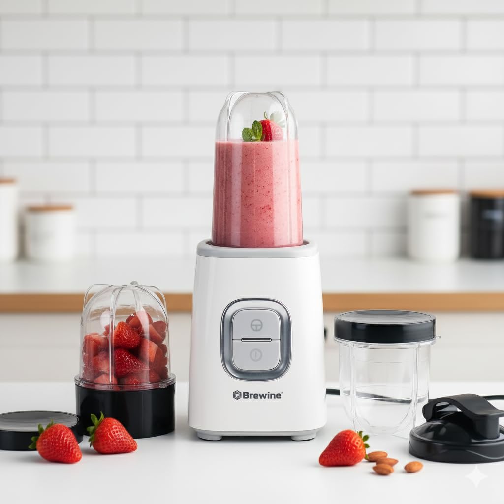 Brewine Nutrifit Blender TORA 500 | Powerful 500W Copper Motor | 3 Cups | Smoothies, Protein Shakes, Coffee & Spice Grinder | 2 Storage Lids & 1 Sipper Lid | Pulse/On-Off (White)-image-32