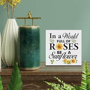 Spring summer decor farmhouse in a world full of roses be a sunflower wood sign country home living room table desk decor 5 x 5 inches  urban country home decor