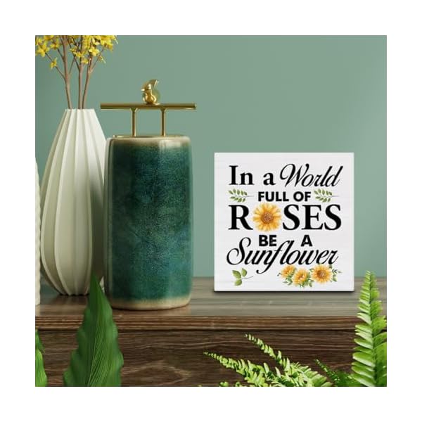 Spring summer decor farmhouse in a world full of roses be a sunflower wood sign country home living room table desk decor 5 x 5 inches  urban country home decor