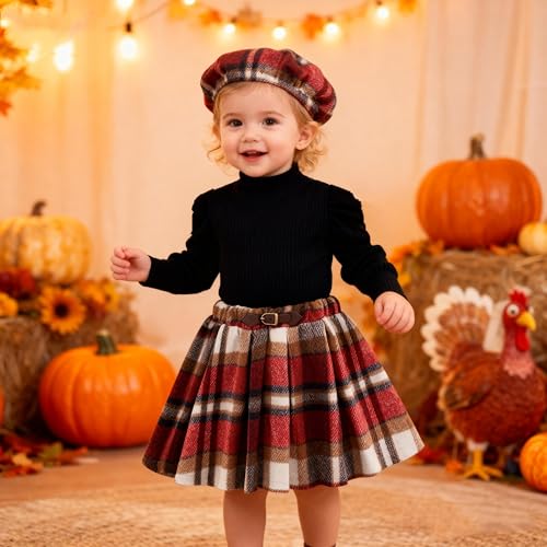 Image of Toddler Girl Outfits Puff Sleeve Ribbed Shirt Knitted Tops Pleated Plaid Skirt Set with Hat 3Pcs Fall Winter Clothes