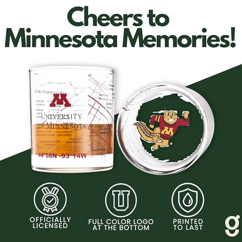 Image of Greenline Goods University of Minnesota Golden Gophers Whiskey Glasses Set of 2, 10 oz Rocks Glasses with Full-Color Logo & Campus Map - Officially Licensed Bourbon Glass Gift for Alumni & Fans