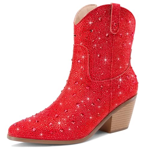 Image of Cowgirl Ankle Boots Cowboy Boots for Women Western Booties Rhinestone Chunky Heel Fashion Comfortable Side Zipper