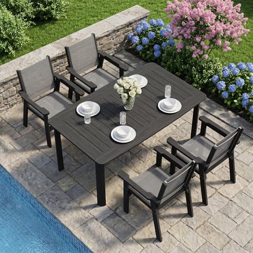 Image of 5-Piece Outdoor Dining Set for 4, HDPE Patio Dining Table and Stackable Chairs Set, Weather Resistant Rectangular Table with Umbrella Hole for Garden, Backyard, Lawn and Poolside, Woven Black