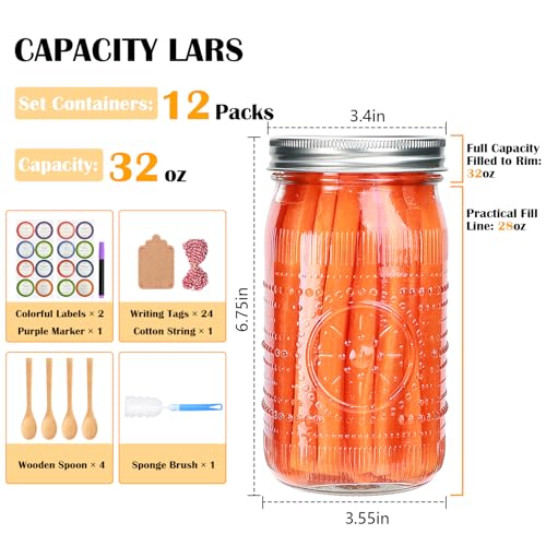 Encheng 12 Pack 32oz Wide Mouth Mason Jars with Lids and Bands,Clear Glass Canning Jars for Fermenting,Preserving,Quart Size Large Mason Jars for Jam,Pickling,Meal Prep,DIY Crafts