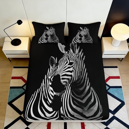 Drap Housse 3D Imprimé Zèbre Microfibre Poche Profonde Linge de Lit zèbre Protège-Matelas...