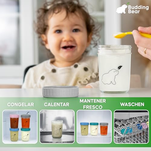 Miniatura 6 de Budding Bear Recipientes De Cristal Para Alimentos Bebé 240 Ml 6 Uds. - Tarros De Cristal Con Tapa - Lavable A Mano, Apto Con Congelador Y Microondas Sin Tapa - Sin Bpa, Ftalatos, Plomo, Pvc