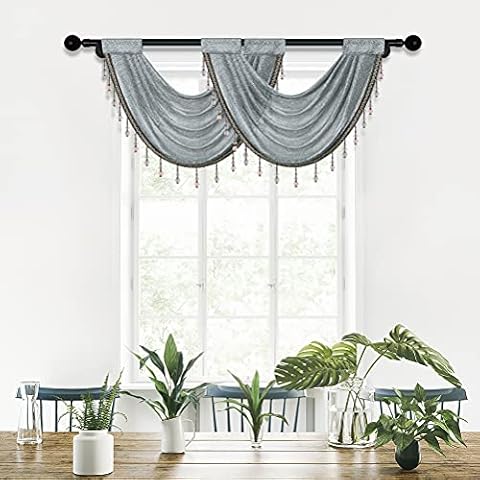 ELKCA Silver Grey Tulle Waterfall Swag Valances for Living Room Kitchen Semi Sheer Curtain Valance Rod Pocket with Tassel,Pack of 1 (Silver Grey, 30" W x 22" L) Cover