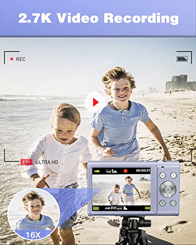 Digital Camera 2.7K 48Mp Vlogging Camera, Auto Focus Digital Point And Shoot Camera With 32Gb Memory Card,16X Zoom, Time Lapse Digital Cameras For Kids Teenagers Students Boys Girls,Purple #TOP3