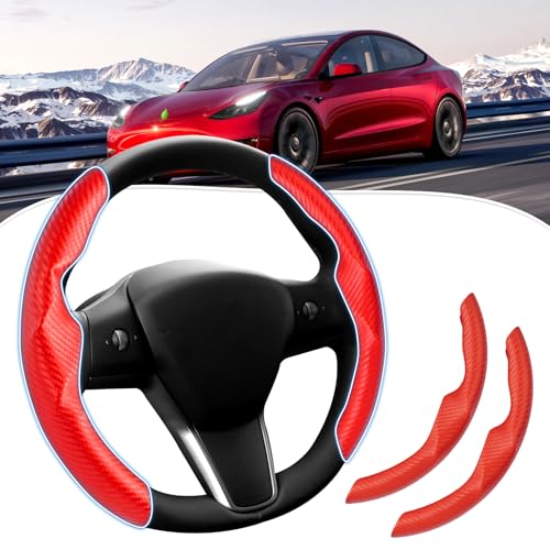 Canvcle Compatible with Carbon Fiber Steering Wheel Cover Tesla Model 3 2017-2023/ Model Y 2020-2023 Car Steer Wheel Cover Protector Red for Men and Women Non Slip 2PCS