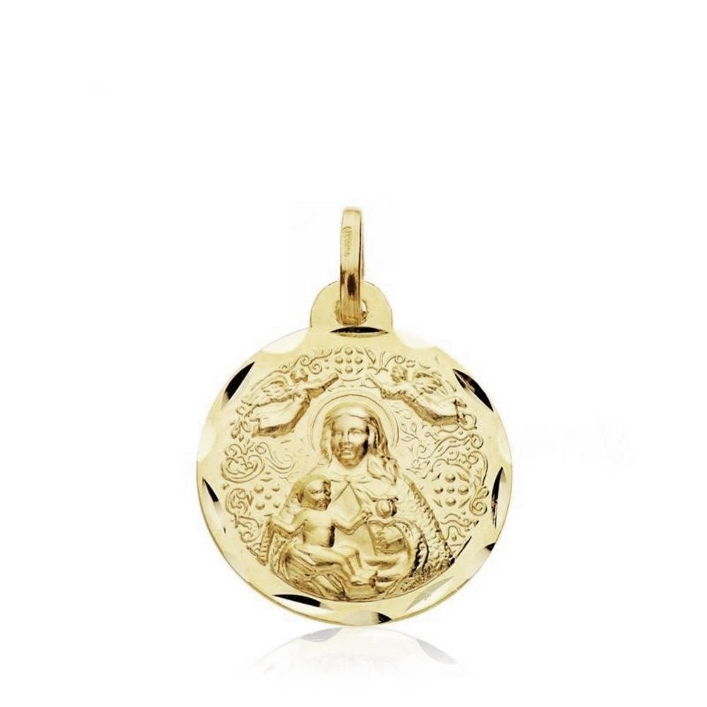 Medaglia scapolare in oro 18 carati della Madonna del Rocío, Vergine Maria, nastro da 18 mm, bordo scolpito, unisex