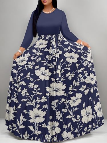 Image of PinkPatty Women's Long Sleeve Maxi Dress Plus Size Trendy Wedding Guest Wrap Dress with Pockets&Belt