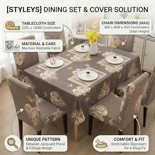 Image of Styleys Dining Chair Cover with Table Covers for Kitchen Waterproof Dining Table Cloth (1 Table Cover + 6 Chair Cover, Beige Brocade, CTSD3127)
