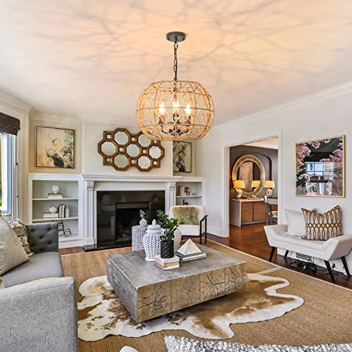 Depuley Rustic Woven Pendant Light, 3-Light Metal Basket Hanging Lights Fixture With Hemp Rope Finish, 39 Inch Adjustable Chain Vintage Chandeliers For Kitchen/Dining Table/Living Room, E12 #TOP5