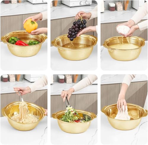 Image of Golden Stainless Steel Colander with Bowl Set | Multipurpose Kitchen Strainer & Drainer | Rust-Free Durable Vegetable Fruit Rice Pasta Washing Bowl | Elegant Serving & Storage Use (Combo)