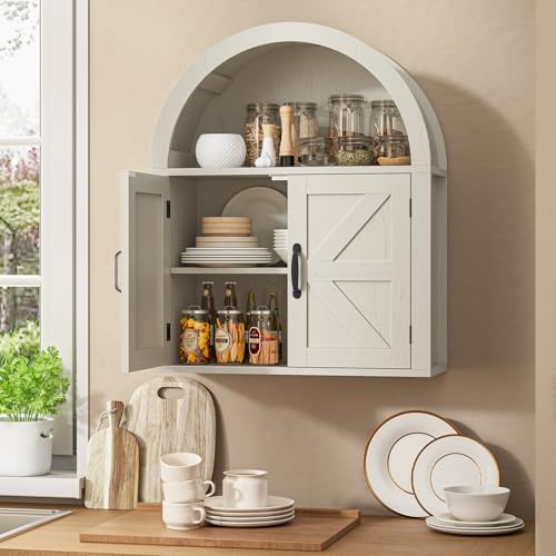 Image of Arched Bathroom Wall Cabinet, Farmhouse Medicine Cabinet with Barn Door and with Adjustable Shelf, 23.6 x 28.7'' Wooden Storage Cabinet Wall Mounted for Bathroom Laundry Room Kitchen, Rustic White